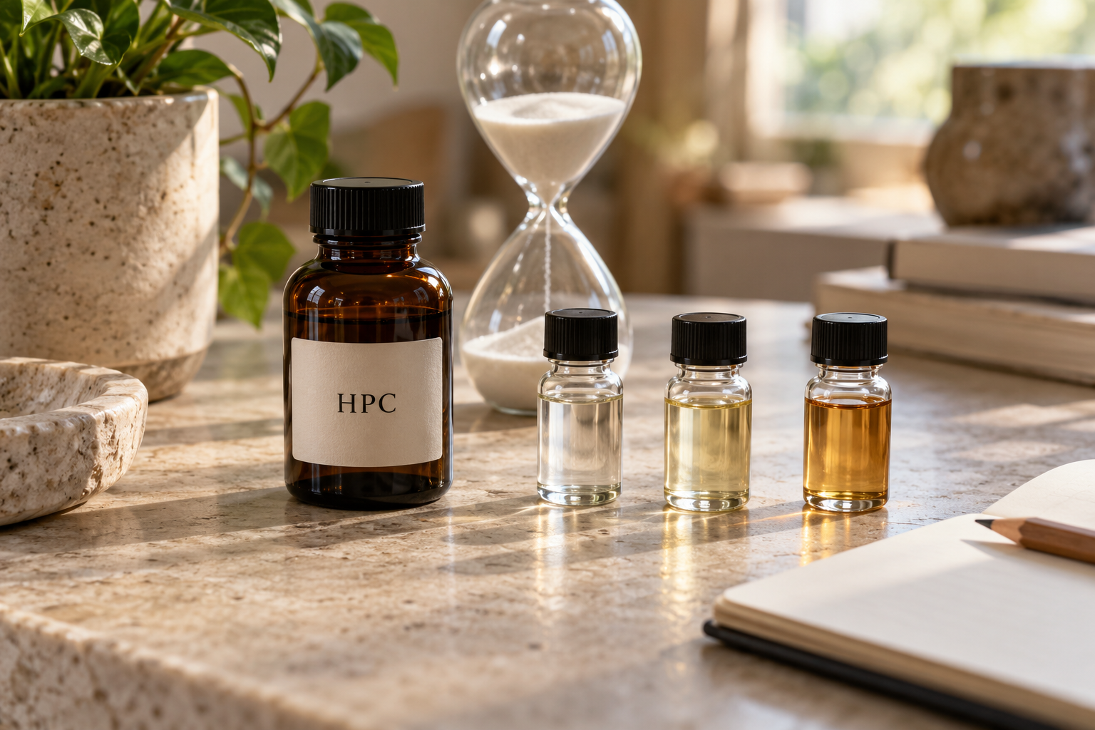Amber bottle labelled HPC beside three sample vials containing different-coloured liquids, with an hourglass and open notebook on a sunlit stone desk.