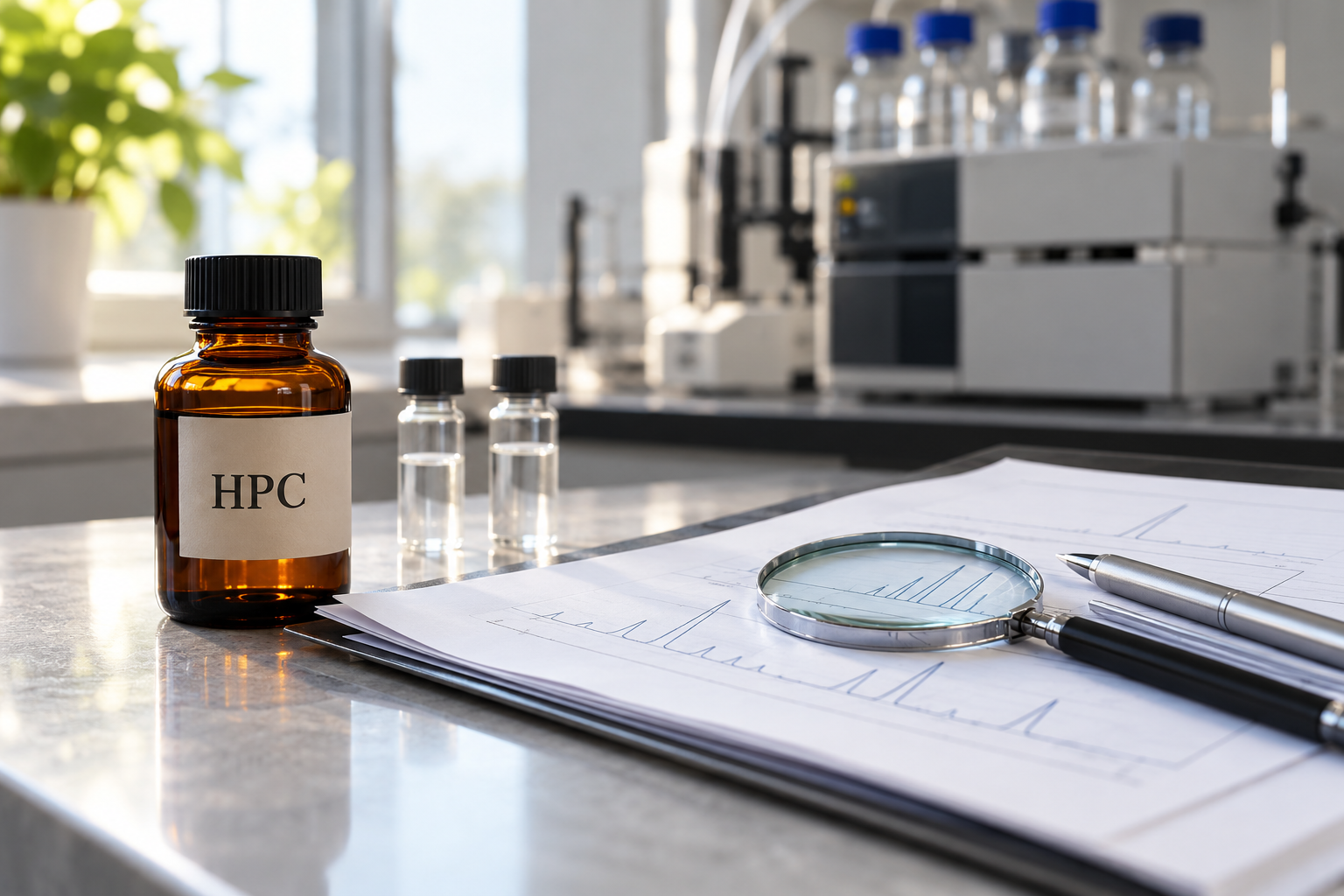 Amber bottle labelled HPC beside sample vials, an illustrative analysis report, magnifying glass and pen, with chromatography equipment in the background.
