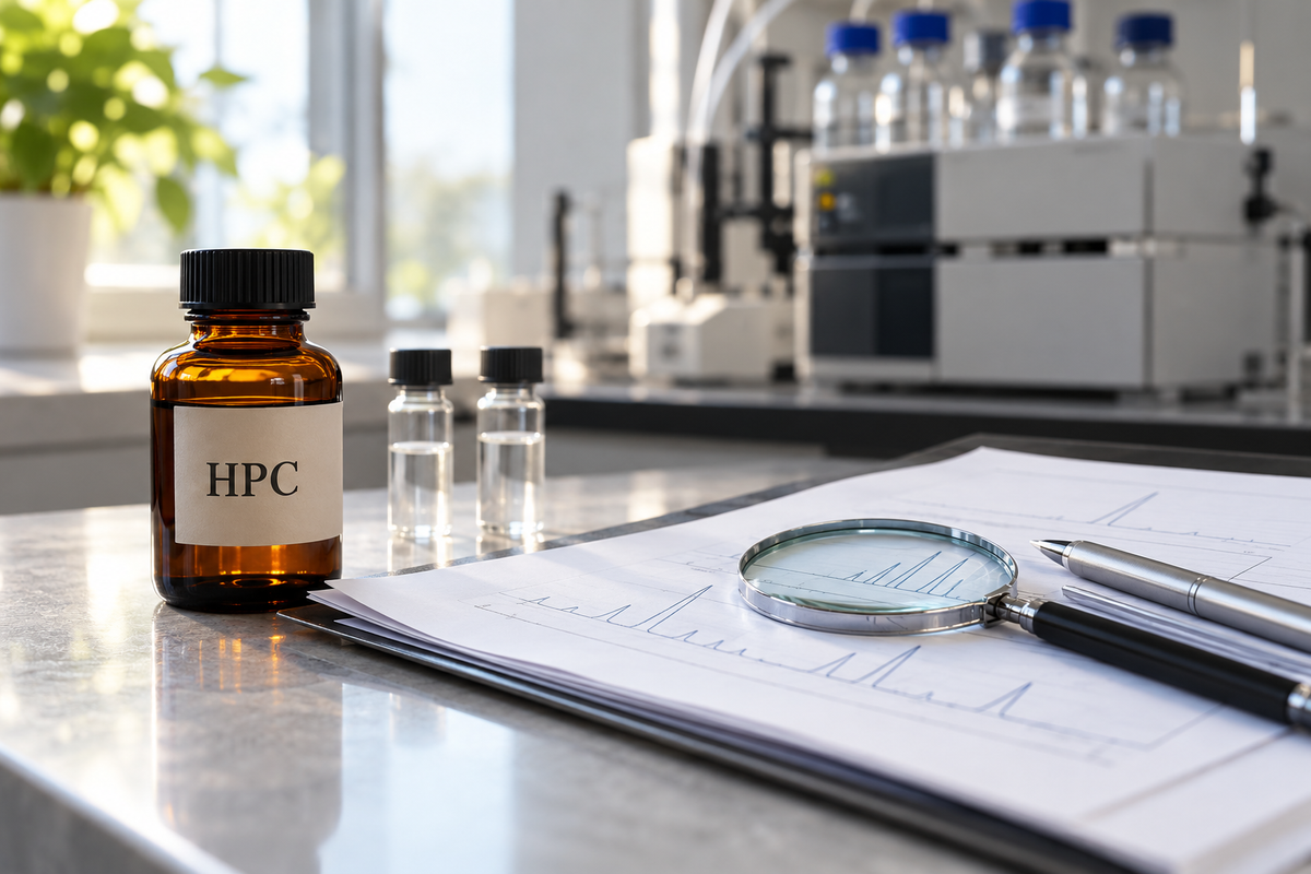 Amber bottle labelled HPC beside sample vials, an illustrative analysis report, magnifying glass and pen, with chromatography equipment in the background.