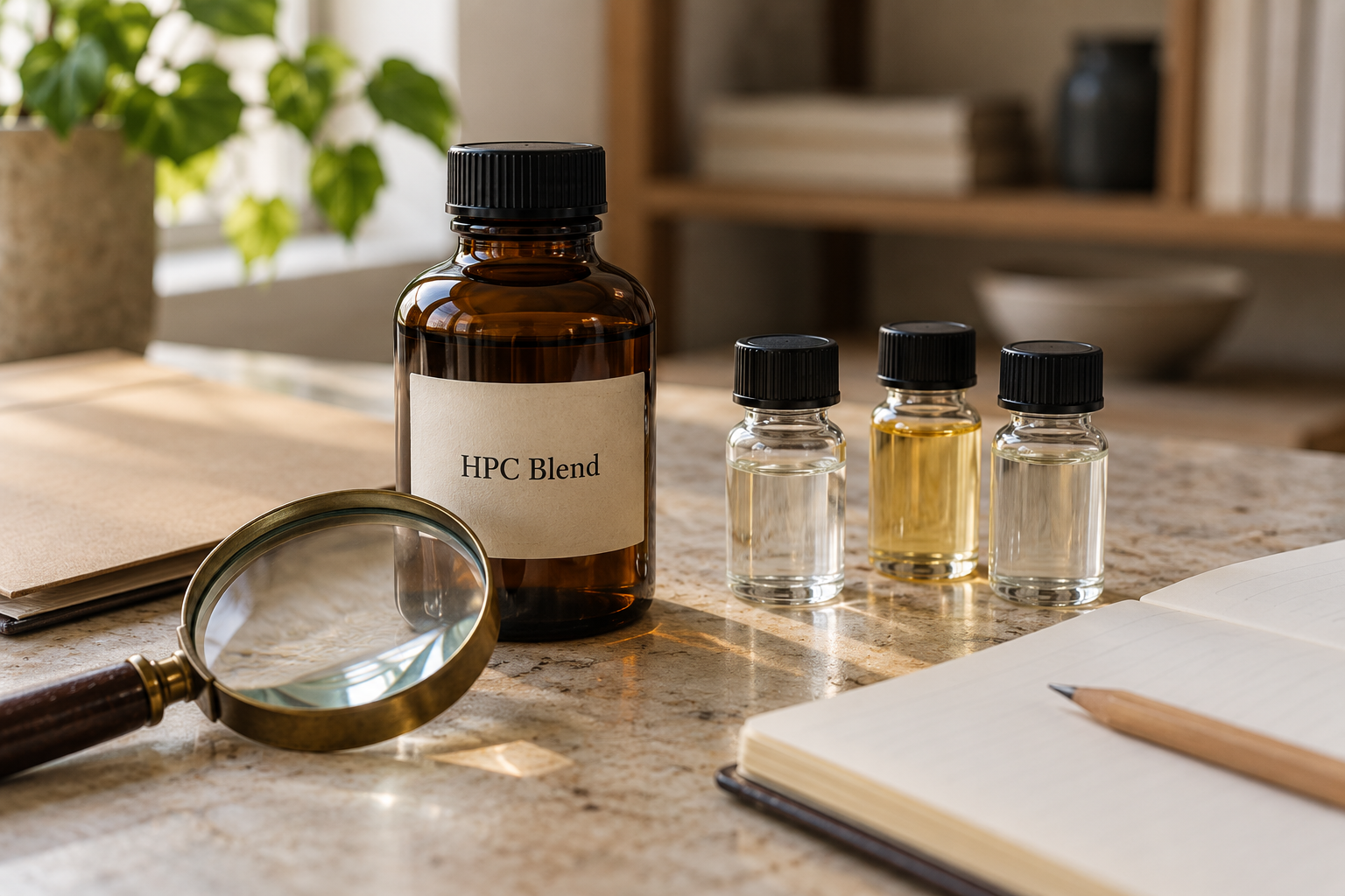 Amber bottle labelled HPC Blend beside three sealed sample vials, a magnifying glass, document folder and open notebook on a naturally lit stone desk.