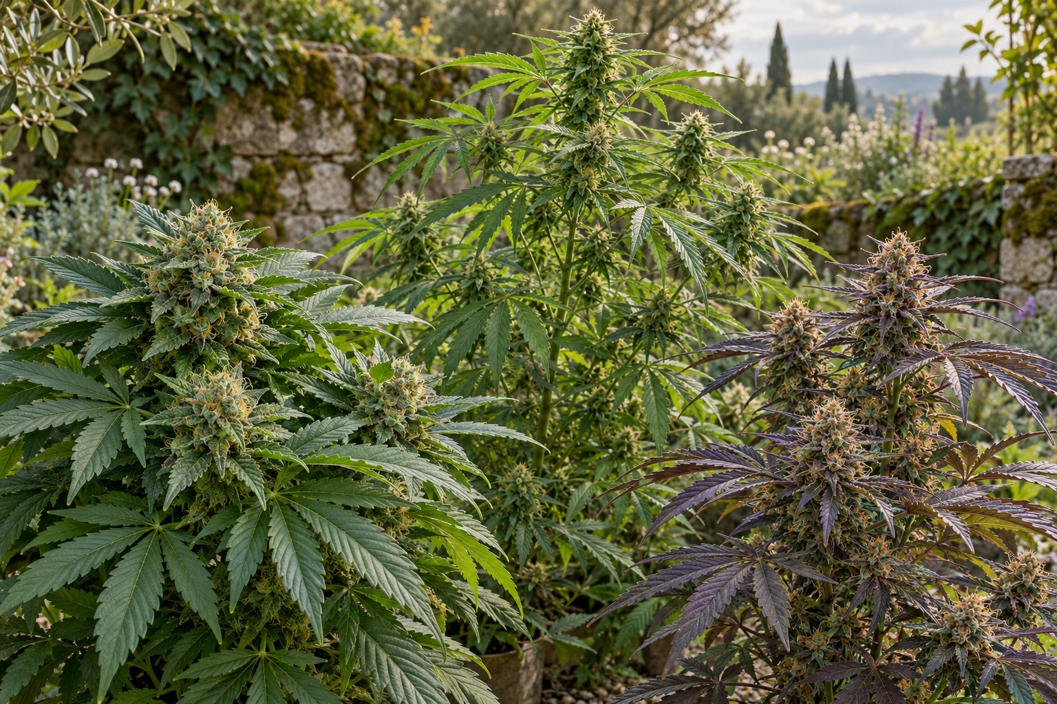 Three flowering cannabis plants with varied heights, leaf shapes and green-to-purple foliage in a natural stone-walled garden.