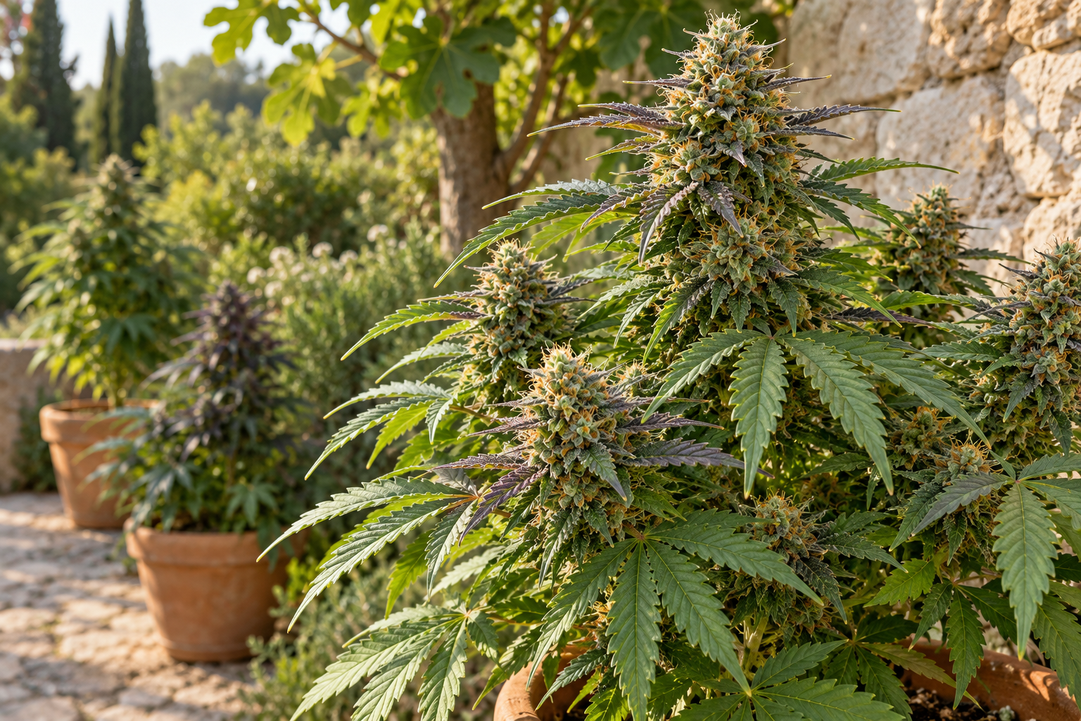 Flowering cannabis plant with green and purple-tinged leaves in a sunlit stone-walled garden, with other potted plants softly blurred behind.