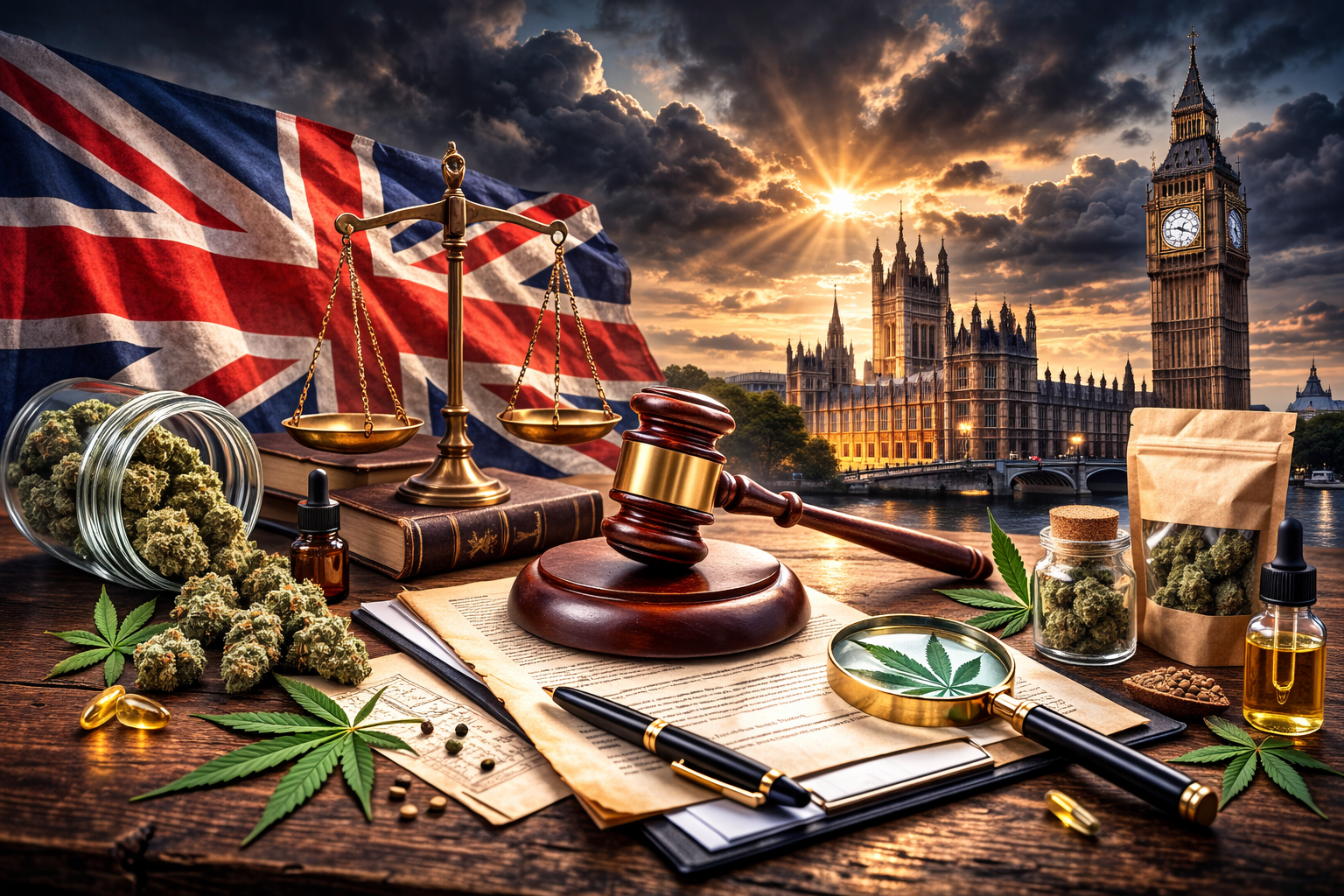 Cannabis products with legal symbols and Big Ben illustrating UK cannabis law.