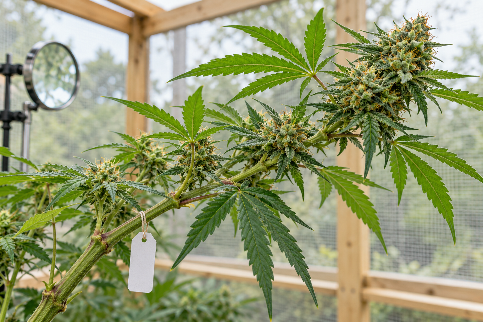 Flowering cannabis branch with a blank identification tag in a bright botanical shelter, with a magnifying lens softly blurred behind.