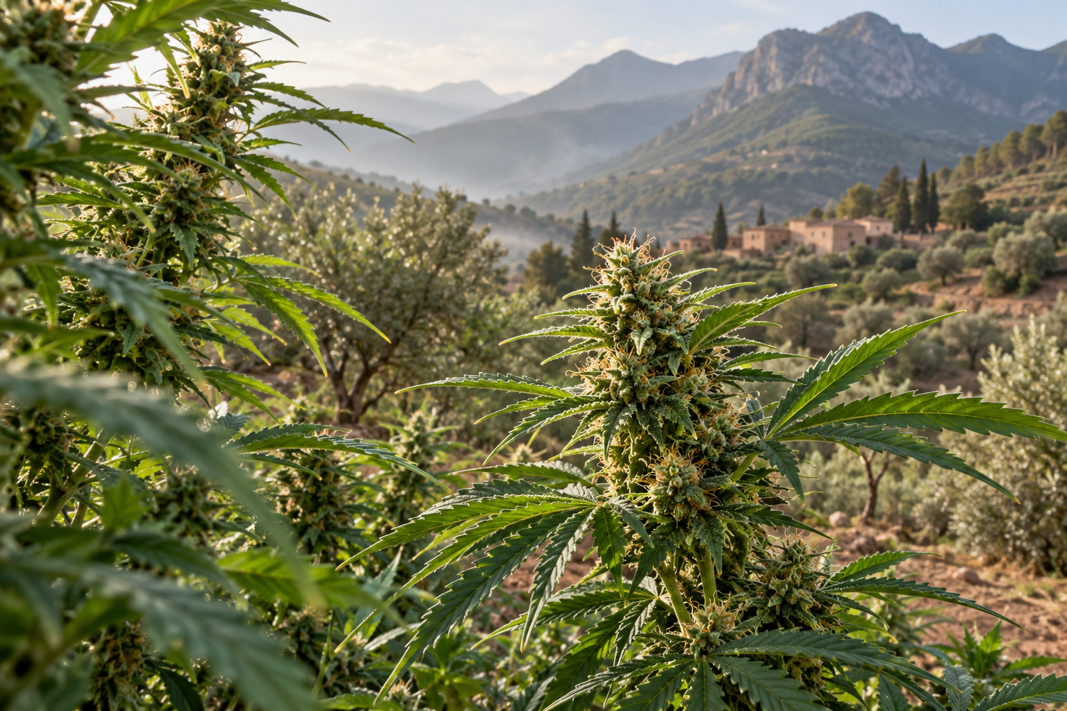 Flowering cannabis plants overlooking olive trees, rural buildings and rugged mountains in a Moroccan-inspired landscape.
