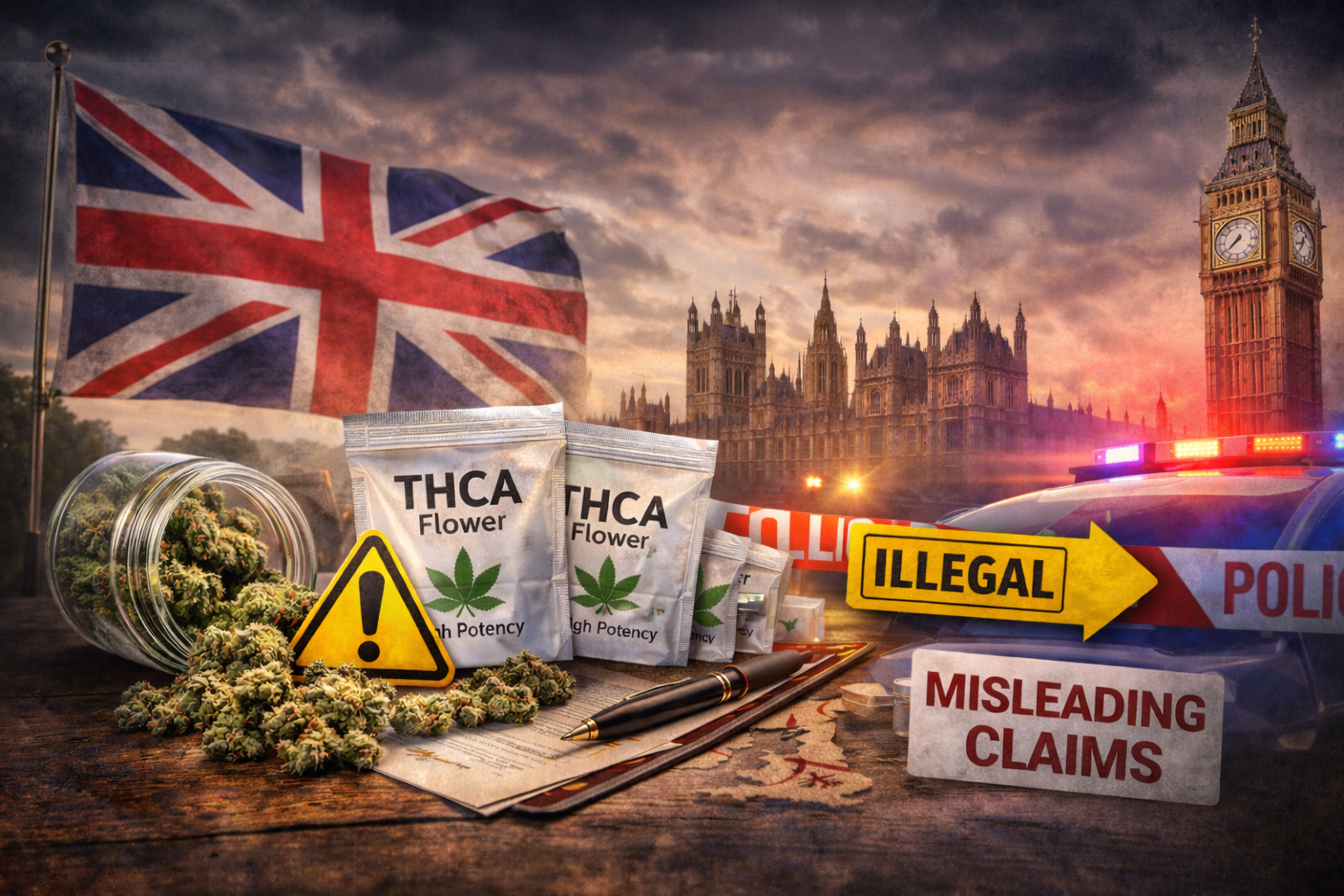 THCA flower and cannabis with UK flag and police lights symbolizing UK cannabis law.