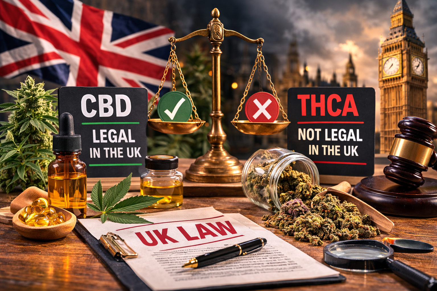 CBD vs THCA legality comparison with UK law symbols and London skyline.