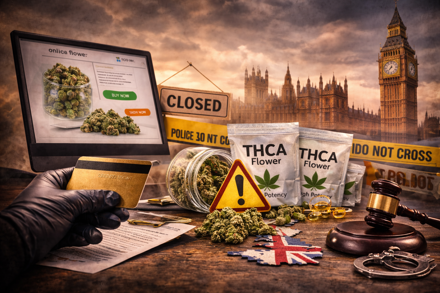 Online purchase of cannabis buds and THCA products with warning symbol, legal documents, and Big Ben in the background representing legal risks of buying THCA in the UK.