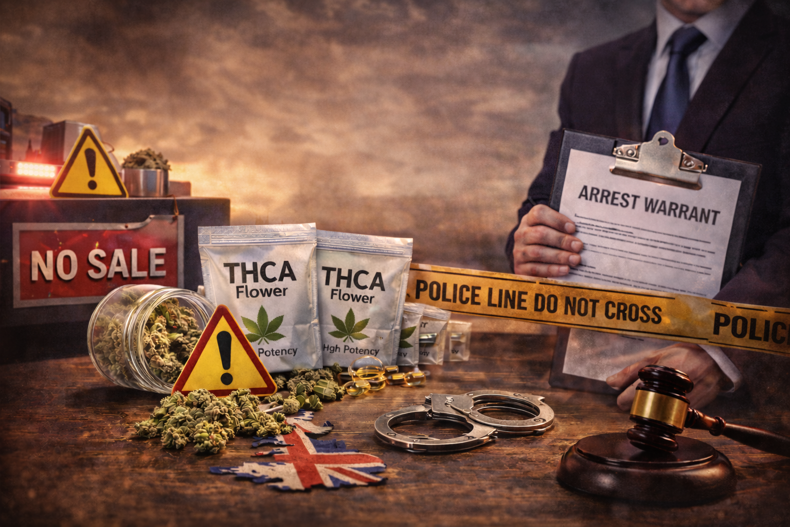 Cannabis buds and THCA packages on a table with a warning sign, handcuffs, and a judge’s gavel symbolizing legal consequences.