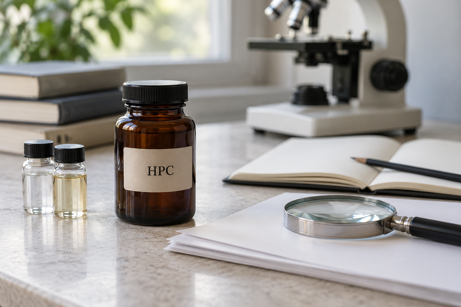 Amber bottle labelled HPC beside sample vials, papers and a magnifying glass, with an open notebook, reference books and microscope in natural daylight.
