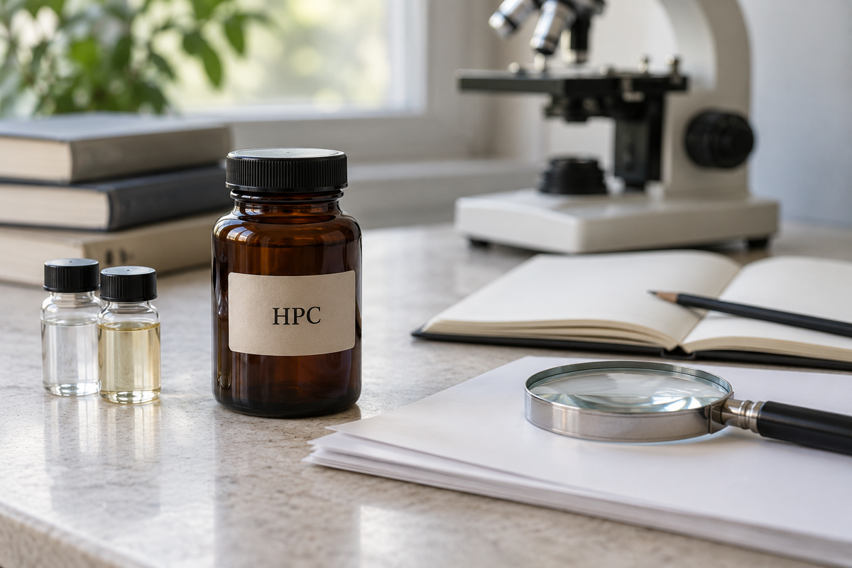 Amber bottle labelled HPC beside sample vials, papers and a magnifying glass, with an open notebook, reference books and microscope in natural daylight.