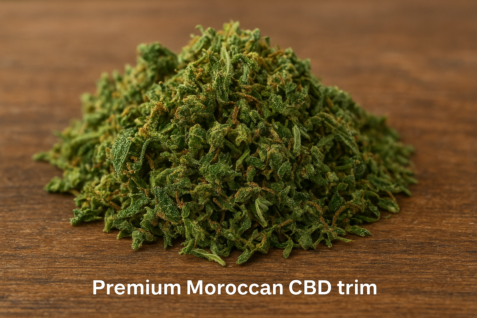 Premium Moroccan CBD trim with dense texture and vibrant aroma.